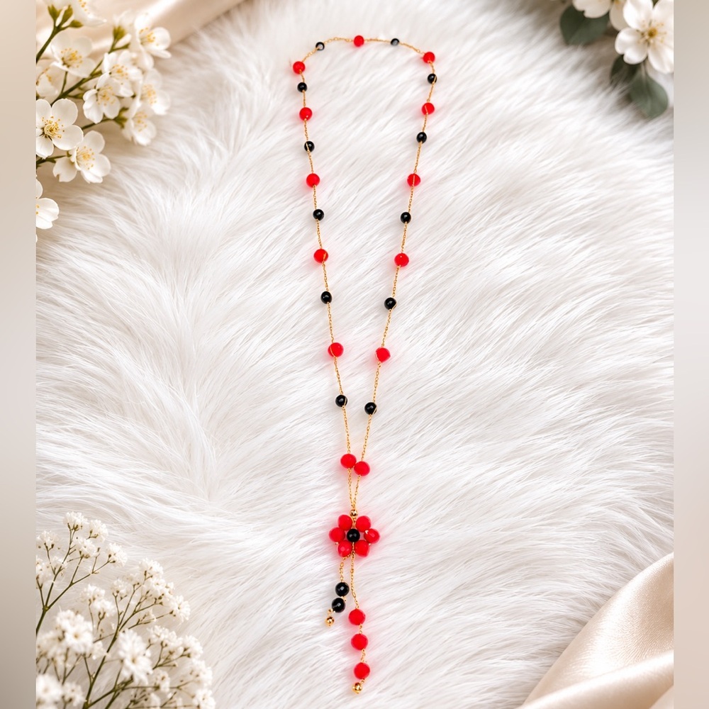 Delicate Red & Black Beaded Flower Necklace